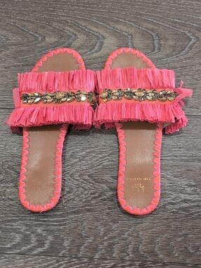 De Siena Embellished Raffia Slide Sandals in Pink